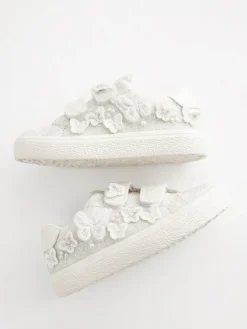 Next White Glitter Standard Fit (F) Butterfly Touch Fasten Strap Trainers