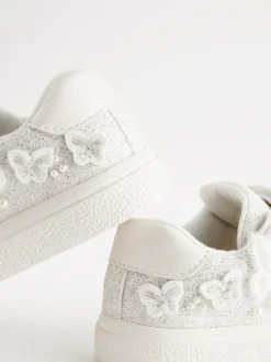 Next White Glitter Standard Fit (F) Butterfly Touch Fasten Strap Trainers