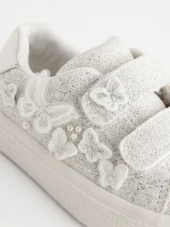 Next White Glitter Standard Fit (F) Butterfly Touch Fasten Strap Trainers