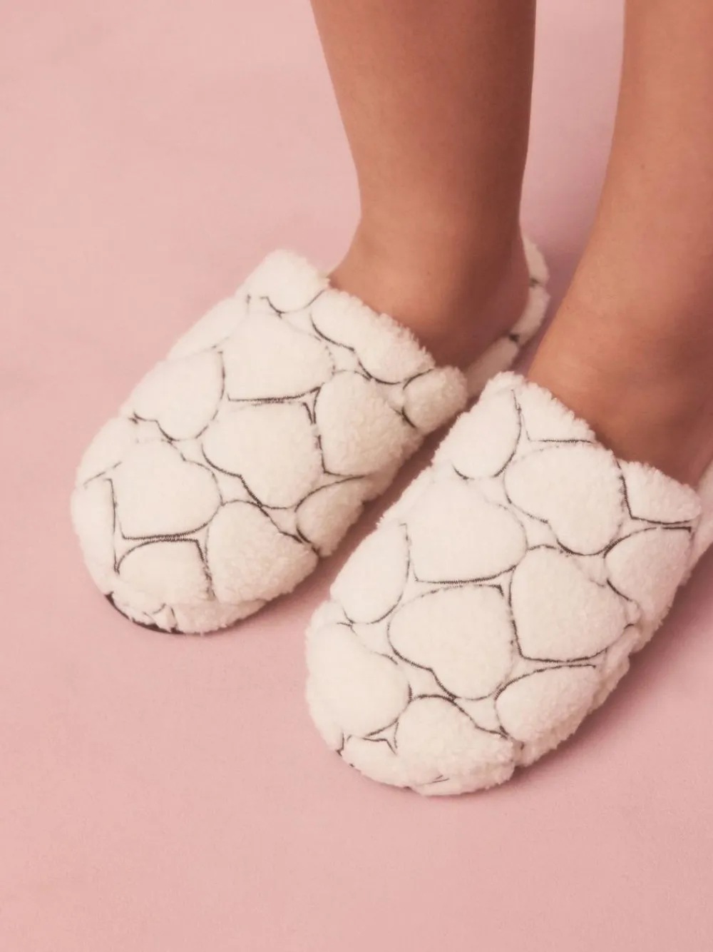 New Next White Heart Borg Mule Slippers