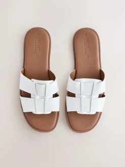 Next White Leather Standard/Wide Fit Slot Mule Sandals^Women Wide Fit & Extra Wide Fit