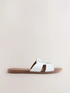 Next White Leather Standard/Wide Fit Slot Mule Sandals^Women Wide Fit & Extra Wide Fit