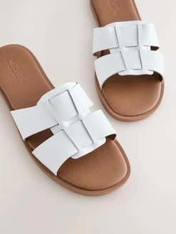 Next White Leather Standard/Wide Fit Slot Mule Sandals^Women Wide Fit & Extra Wide Fit