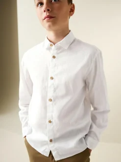 Next White Long Sleeve Relaxed Linen Blend Shirt (3-16yrs)^BOY Shirts