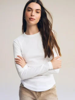 Next White Long Sleeve Ribbed Crew Neck Top^Women Nightwear|Tops & T-Shirts