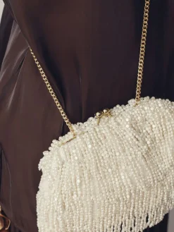 Hot Next White Pearl Effect Embellished Fringe Clutch Bag
