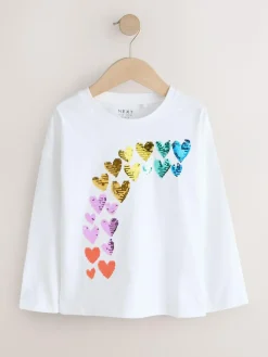 New Next Long Sleeve Sequin Top (3-16yrs) White Rainbow Hearts