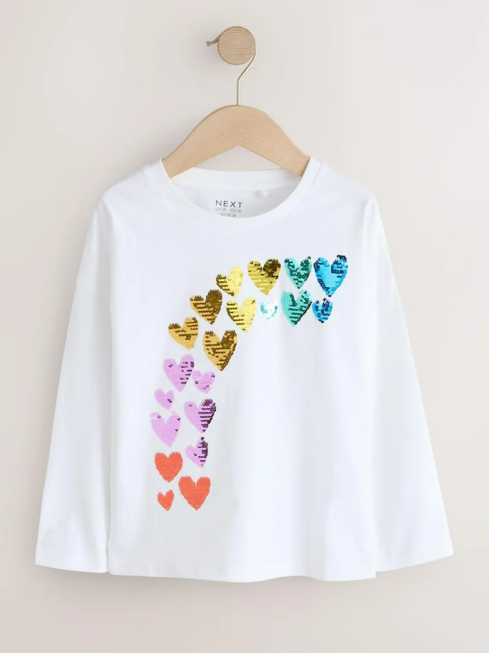 New Next Long Sleeve Sequin Top (3-16yrs) White Rainbow Hearts