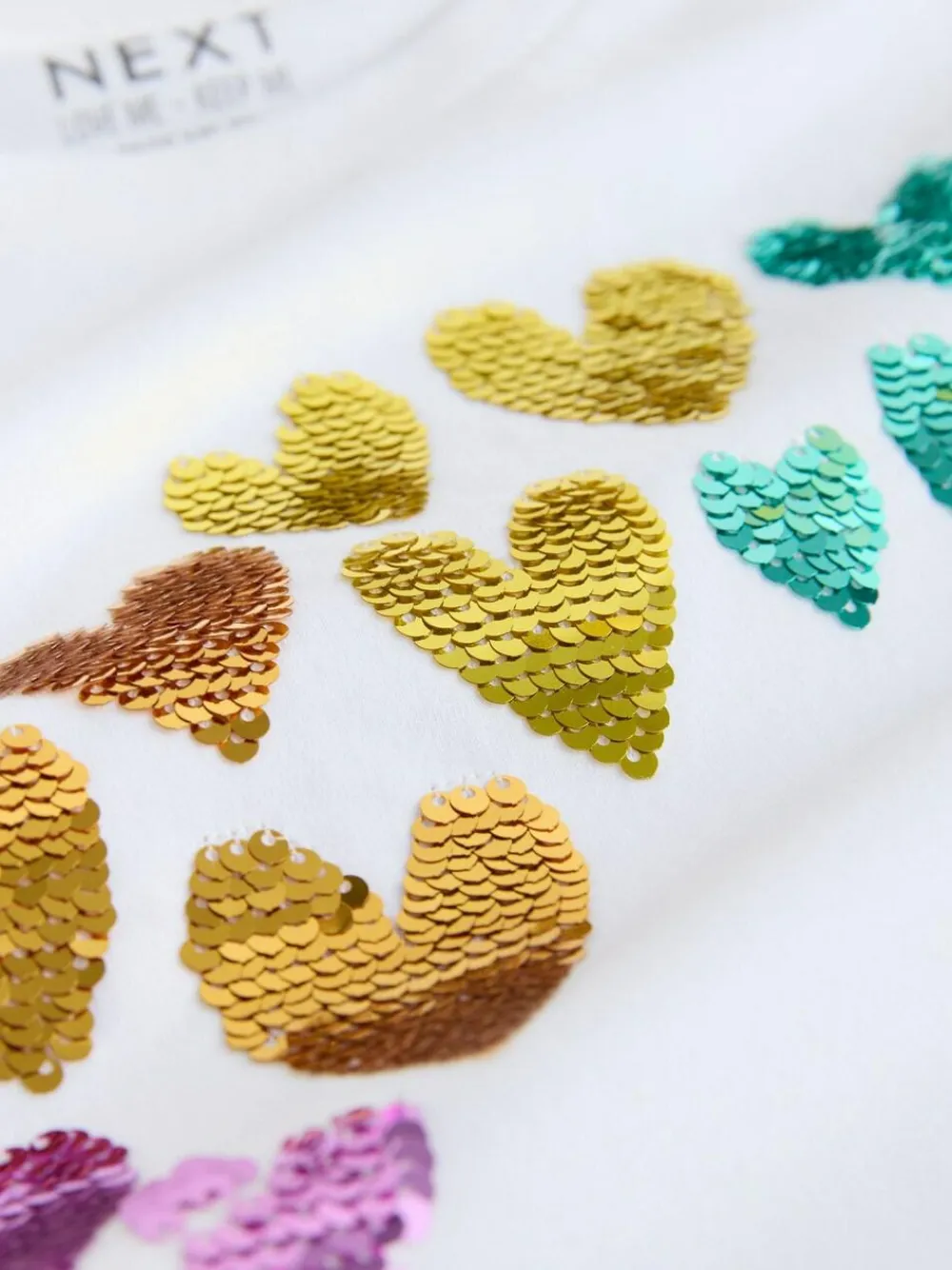 New Next Long Sleeve Sequin Top (3-16yrs) White Rainbow Hearts