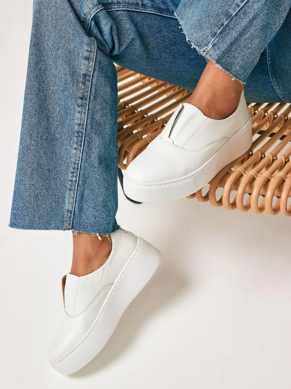 New Next Slip On Signature Leather Chunky Wedge Platform Trainers White