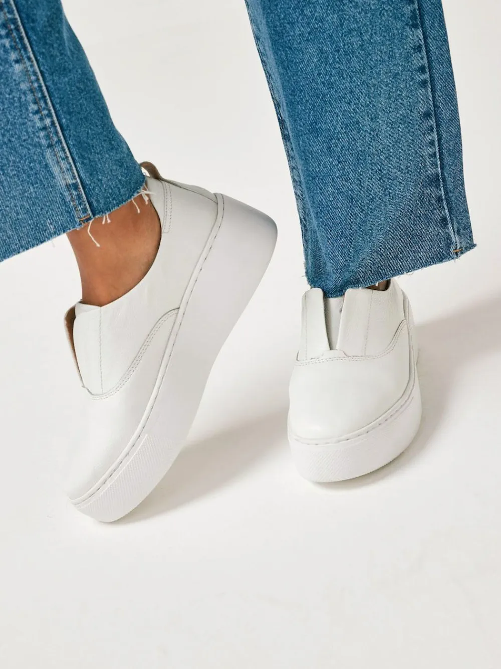 New Next Slip On Signature Leather Chunky Wedge Platform Trainers White