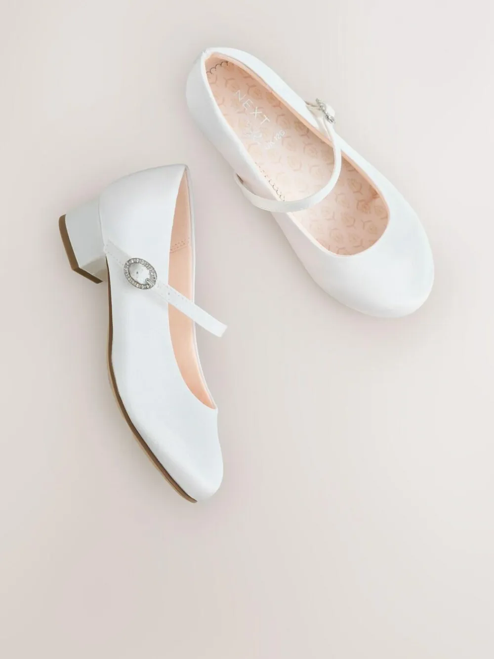 Discount Next Standard Fit (F) Stain Resistant Satin Mary Jane Flower Girl Heeled Shoes White