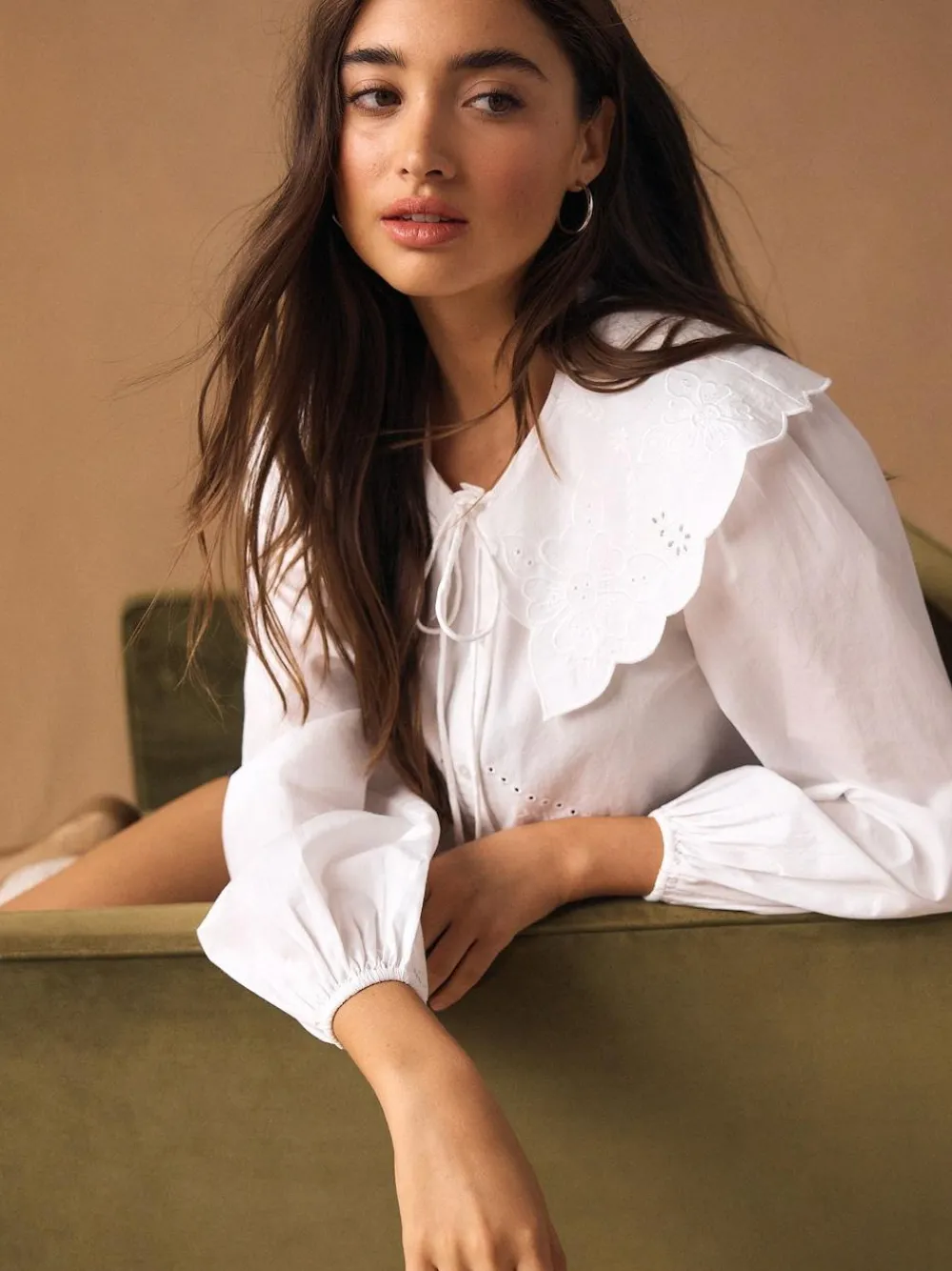 Next White Statement Collar Broderie Long Sleeve Blouse^Women Blouses & Shirts