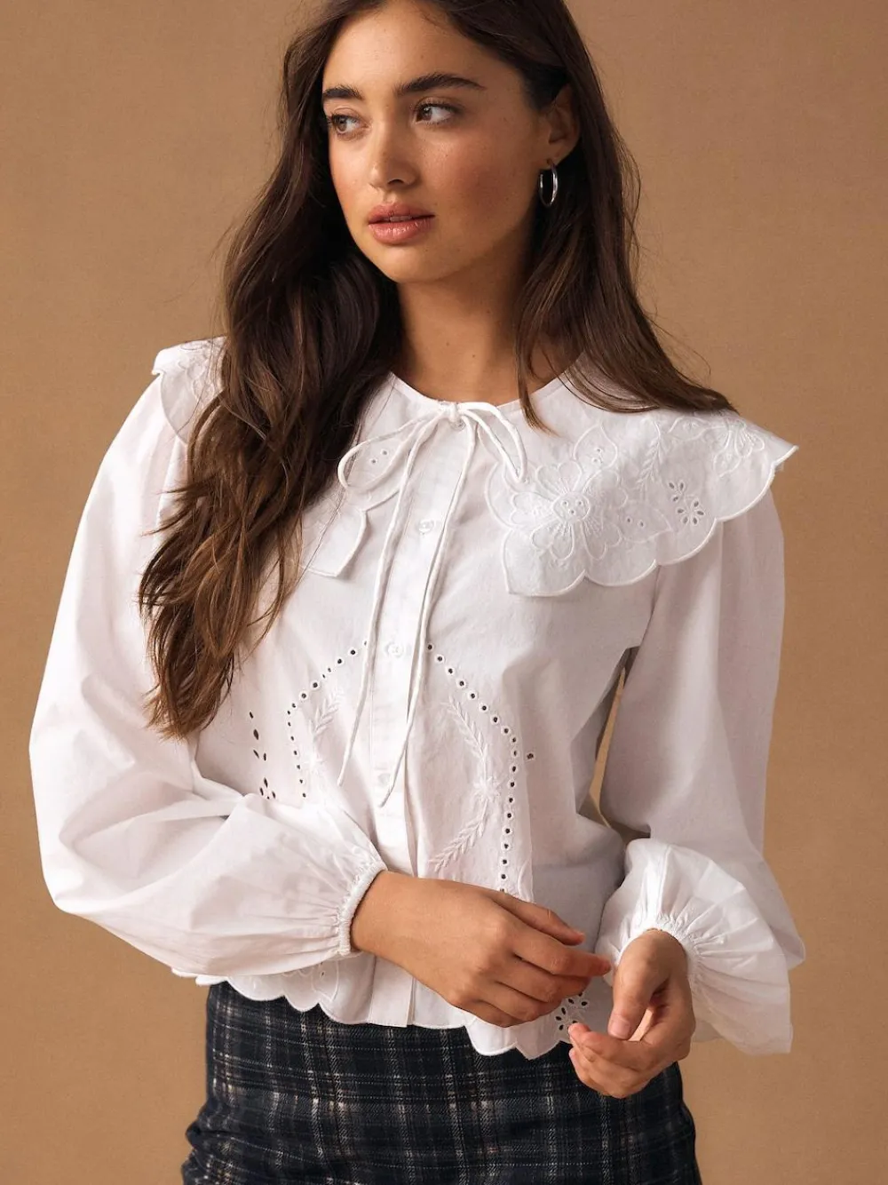 Next White Statement Collar Broderie Long Sleeve Blouse^Women Blouses & Shirts