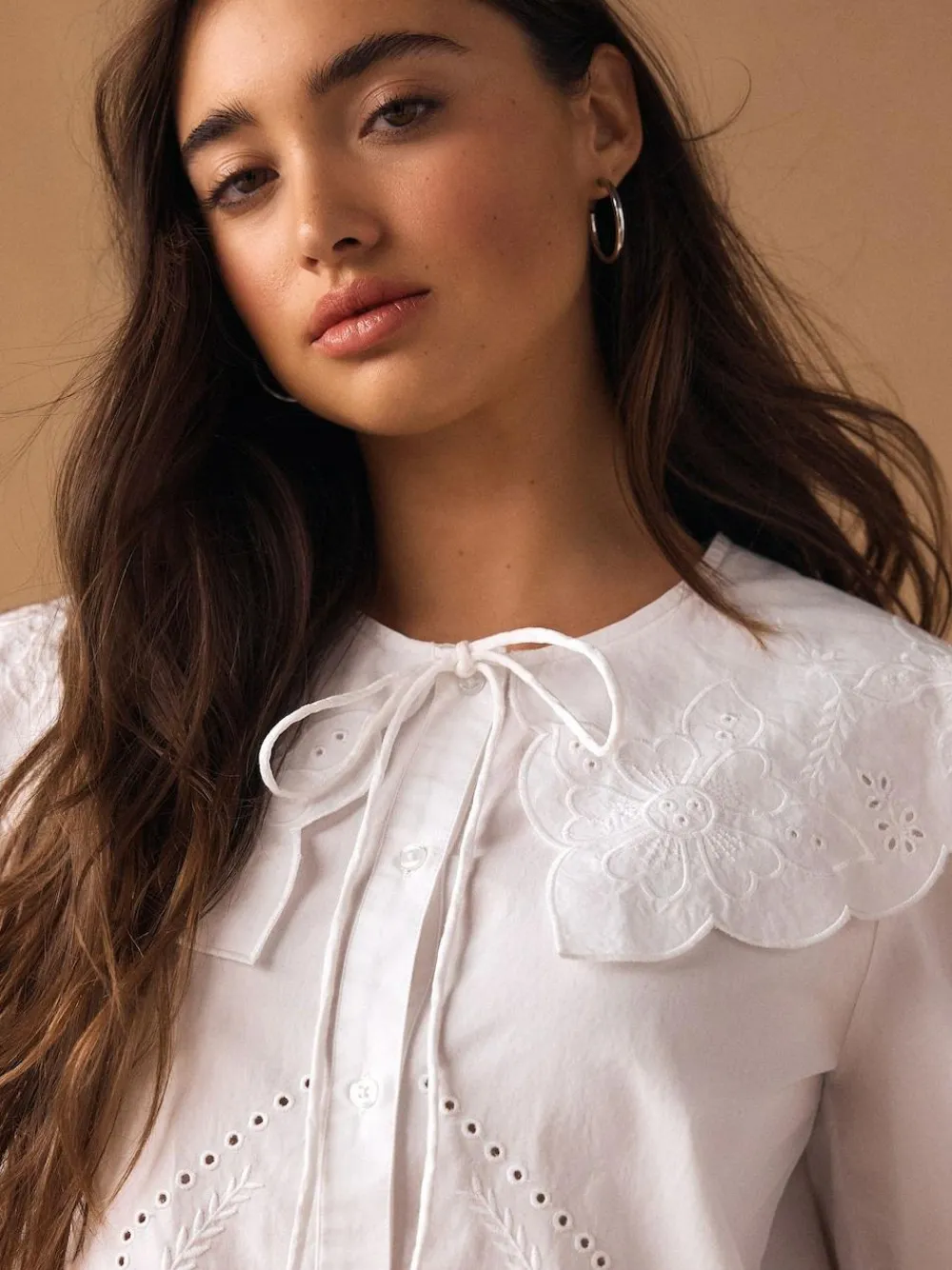Next White Statement Collar Broderie Long Sleeve Blouse^Women Blouses & Shirts