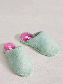 Clearance White Stuff Faux Fur Mule Slippers Green