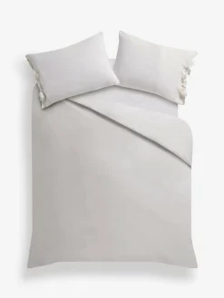 New Next Supersoft 100% Brushed Cotton Duvet Cover Bow Tie Edge and Pillowcase Set White