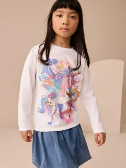 Next White Unicorn Print Long Sleeve Sequin Top (3-16yrs)^ Nightwear|T-Shirts