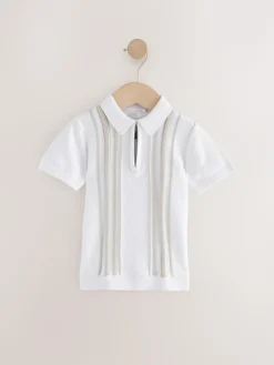 Next 100% Cotton Knitted Zip Neck Polo Shirt (3mths-7yrs) White Vertical Stripe