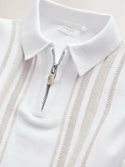 Next 100% Cotton Knitted Zip Neck Polo Shirt (3mths-7yrs) White Vertical Stripe