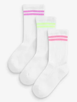 Sale Next White with fluorescent stripe 3 Pack Cotton Rich Cushioned Sole Ankle Socks