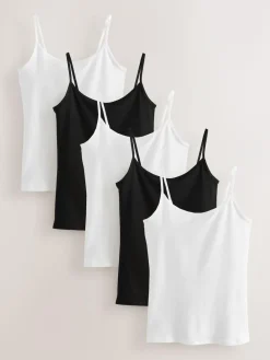 Next White/Black Thin Strap Vests 5 Pack^Women Nightwear|Tops & T-Shirts