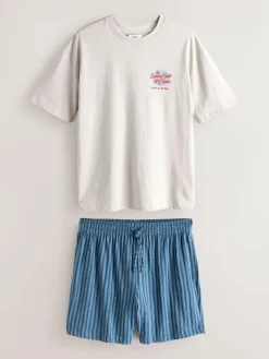 Hot Next Graphic Short Sleeve Jersey Pyjamas Set White/Blue