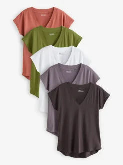 Next White/Grey/Khaki/Rust/Brown V-Neck Cap Sleeve 100% Cotton T-Shirts 5 Pack^Women Nightwear|Tops & T-Shirts