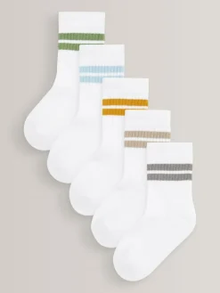 Next White/Neutrals Cushioned Footbed Cotton Rich Ribbed Tipped Socks 5 Pack