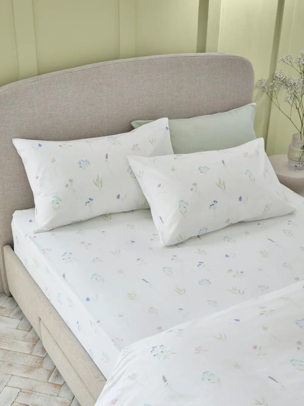 Next White/Sage Green Floral 100% Cotton Fitted Sheet and Pillowcase Set^ Bedsheets & Pillow Cases