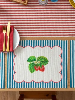 Wylder Blue Strawberry Stripes 46x36cm Table Placemats Set Of 4^ Table Linen, Placemats & Coasters