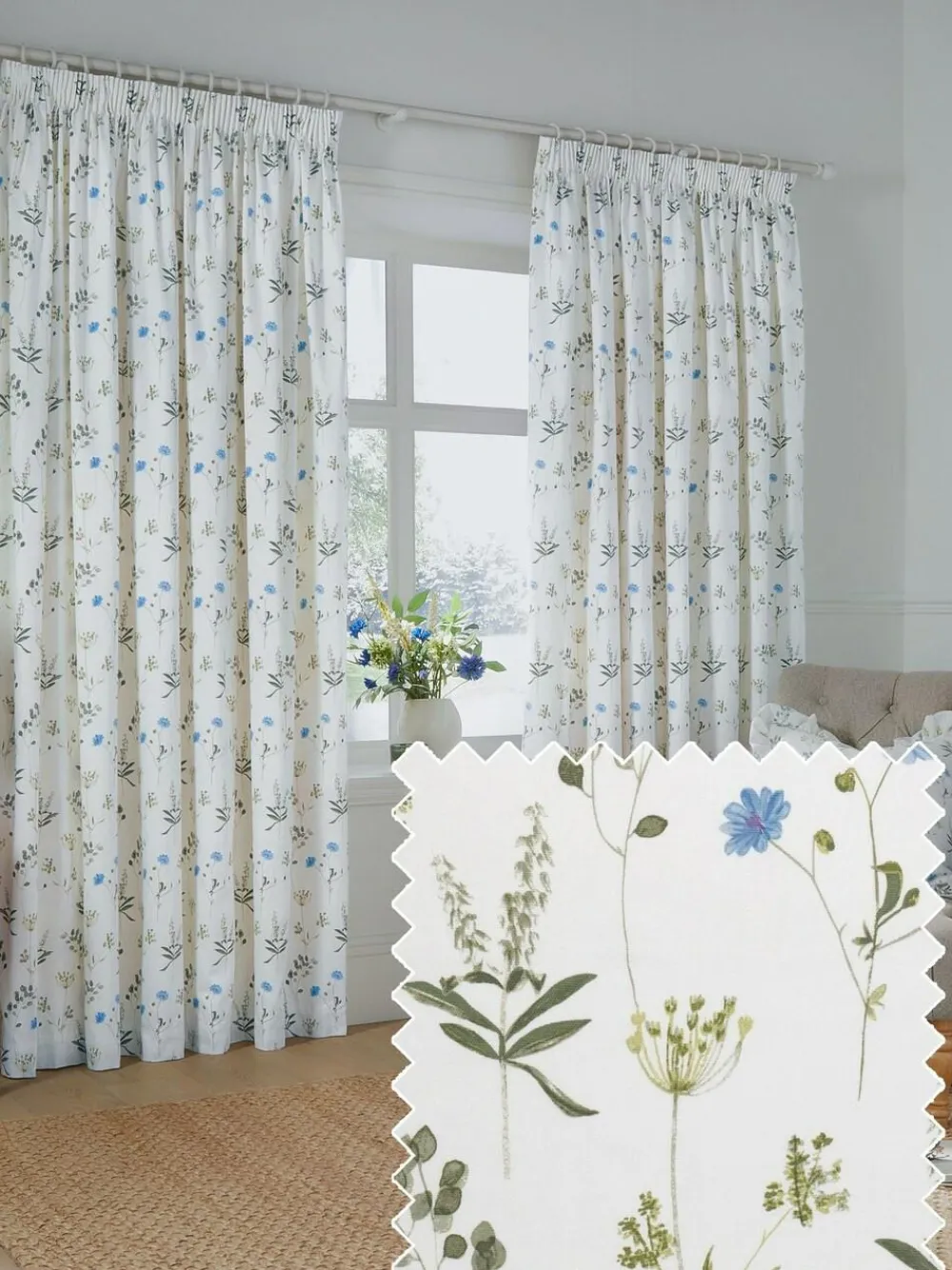 Wylder White Meadow Pencil Pleat Curtains^ Curtains & Blinds