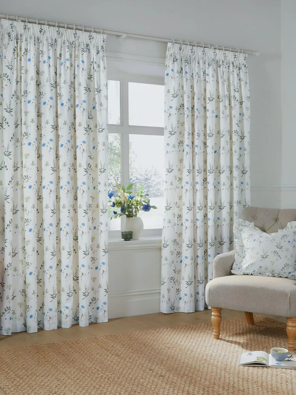 Wylder White Meadow Pencil Pleat Curtains^ Curtains & Blinds