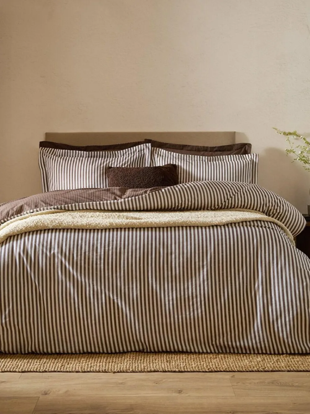 New Yard Chocolate Brown Hebden Striped 100% Cotton Duvet Cover and Pillowcase Set