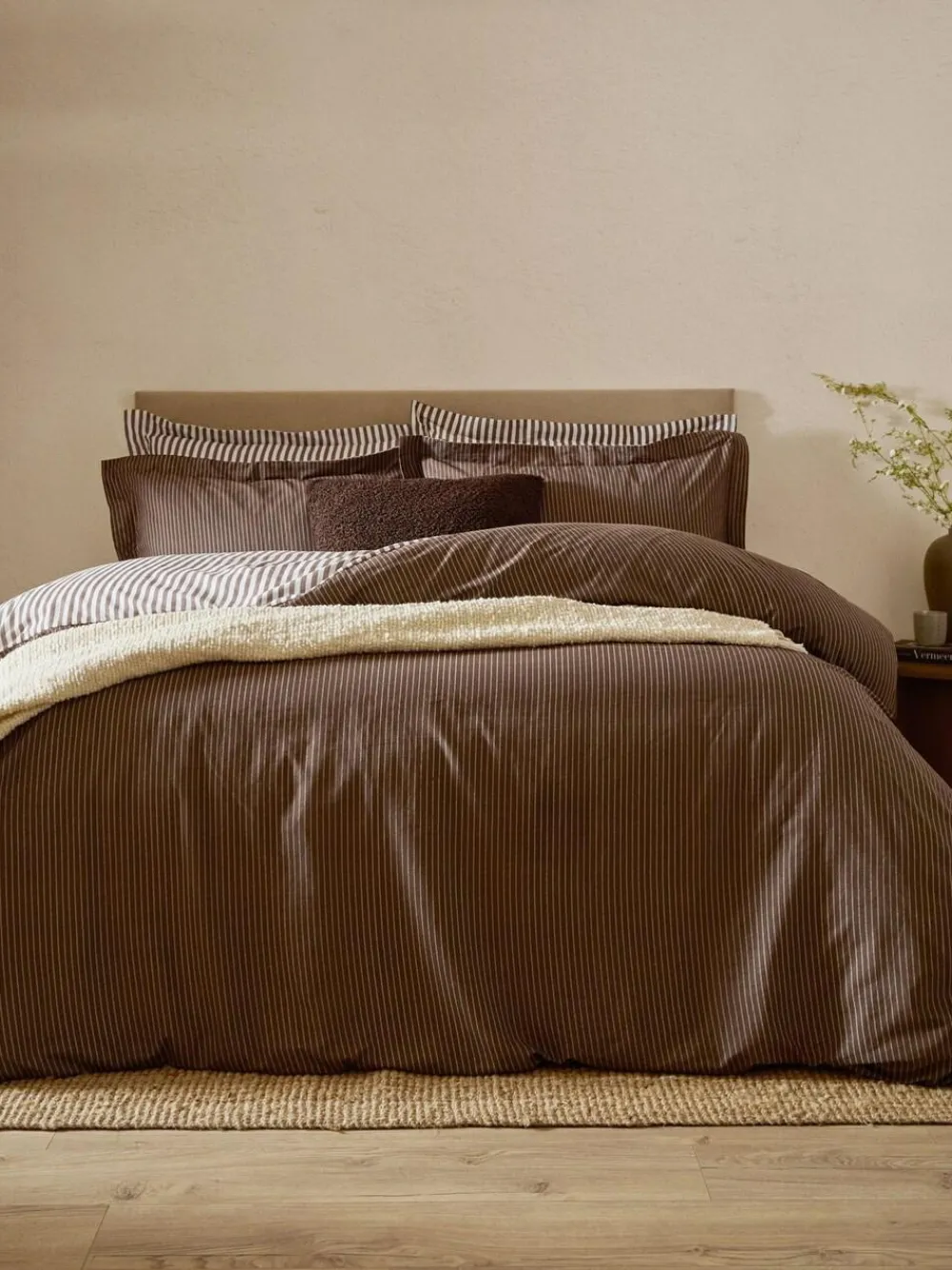 New Yard Chocolate Brown Hebden Striped 100% Cotton Duvet Cover and Pillowcase Set