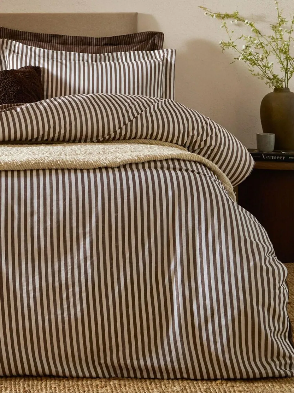New Yard Chocolate Brown Hebden Striped 100% Cotton Duvet Cover and Pillowcase Set