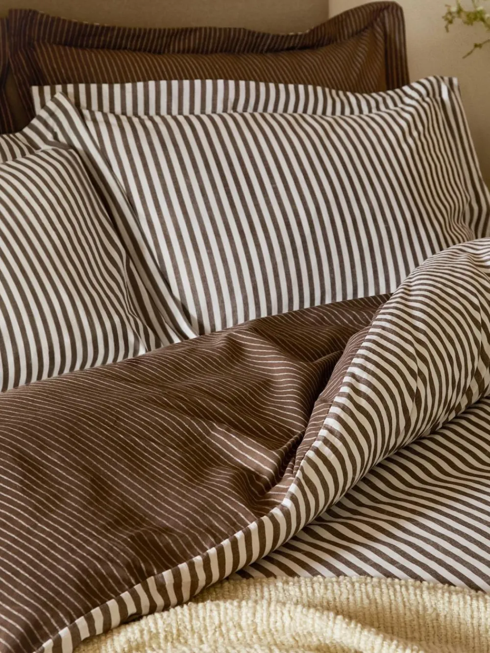 New Yard Chocolate Brown Hebden Striped 100% Cotton Duvet Cover and Pillowcase Set