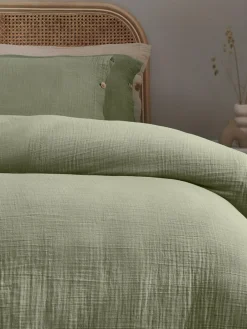 Outlet Yard Lark Muslin 100% Cotton Duvet Cover and Pillowcase Set Eucalpytus Green
