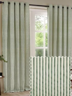 New Yard Hebden Striped Cotton Pencil Pleat Curtains Pair Green