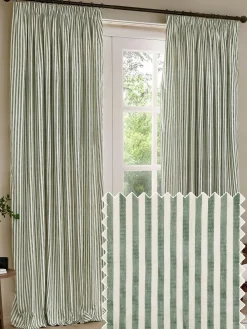 Yard Hebden Striped Cotton Blackout Pencil Pleat Curtains Green