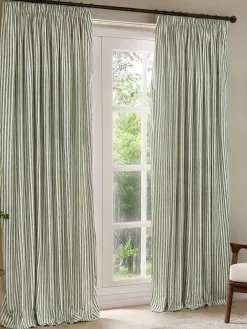 Yard Hebden Striped Cotton Blackout Pencil Pleat Curtains Green