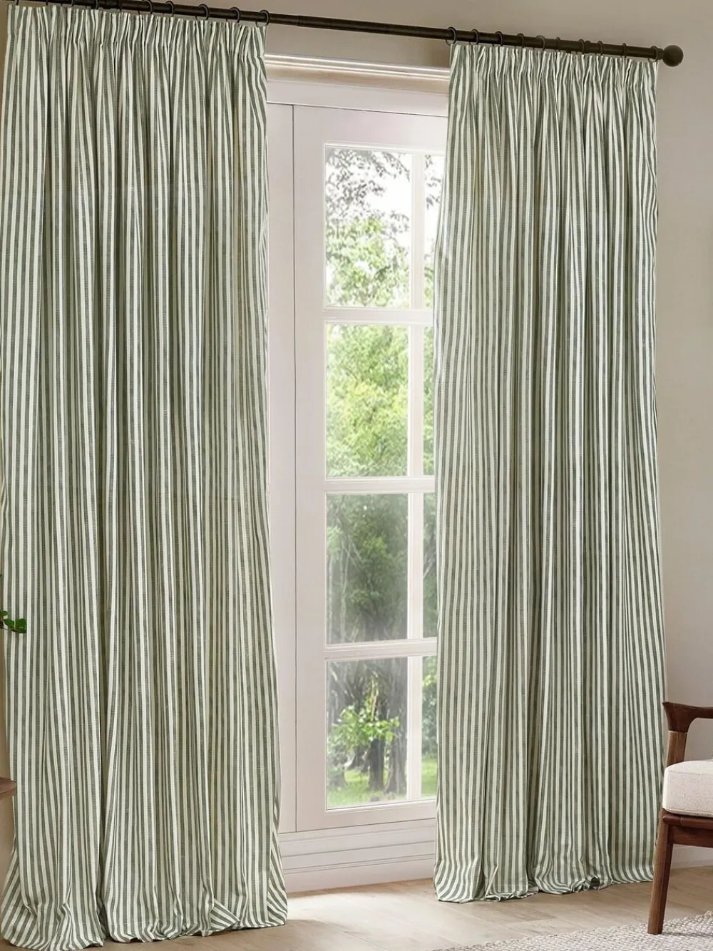 Yard Hebden Striped Cotton Blackout Pencil Pleat Curtains Green