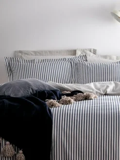 Yard Navy Blue Hebden Striped 100% Cotton Duvet Cover and Pillowcase Set^ Branded Bedlinen