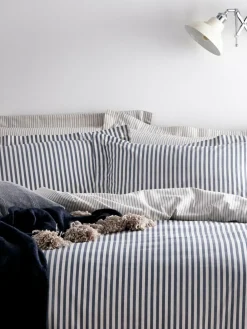 Yard Navy Blue Hebden Striped 100% Cotton Duvet Cover and Pillowcase Set^ Branded Bedlinen
