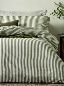 Sale Yard Olive Green Hebden Striped 100% Cotton Duvet Cover and Pillowcase Set