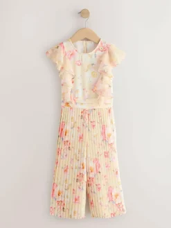 New Next Short Sleeve Pleated Ruffle Jumpsuit (3-16yrs) Yellow Floral