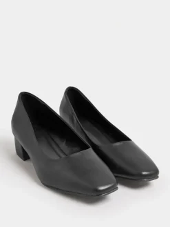 Best Yours Curve Black Extra Wide Fit Faux Leather Block Heel Court Shoes In Extra Wide EEE Fit
