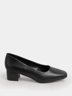 Best Yours Curve Black Extra Wide Fit Faux Leather Block Heel Court Shoes In Extra Wide EEE Fit