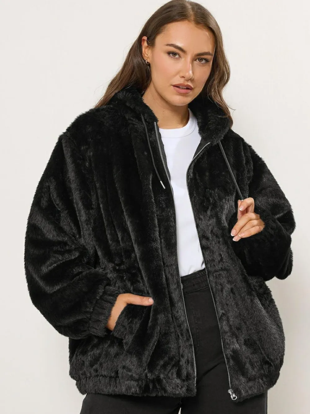 Yours Curve Faux Fur Zip Thru Hooded Fleece^Women Hoodies & Sweatshirts