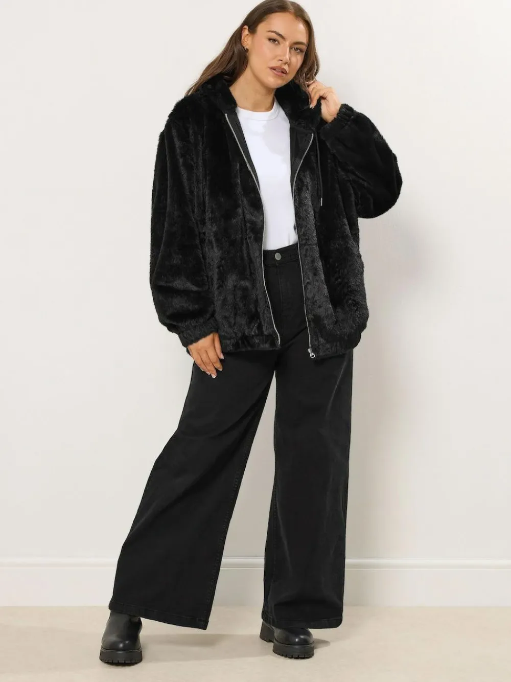 Yours Curve Faux Fur Zip Thru Hooded Fleece^Women Hoodies & Sweatshirts